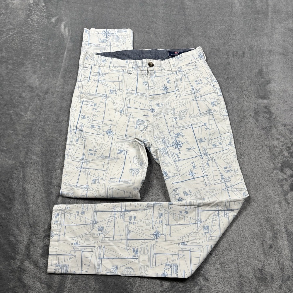 Vineyard Vines Breaker Pants 30x32 White Sailboat Blueprint Nautical Chino Men